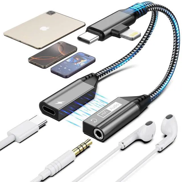 Main image of Magnetic Lightning + USB C to 3.5mm Headphone and Charger Adapter,Apple MFi Certified 2-in-2 USB C/Lightning to Aux Audio Jack with PD Fast Charging Cable Compatible with iPhone 16/15 /14/Samsung