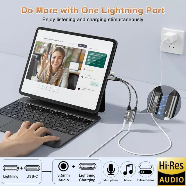 Alt view image 2 of 7 - Magnetic Lightning + USB C to 3.5mm Headphone and Charger Adapter,Apple MFi Certified 2-in-2 USB C/Lightning to Aux Audio Jack with PD Fast Charging Cable Compatible with iPhone 16/15 /14/Samsung