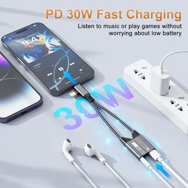 Alt view image 3 of 7 - Magnetic Lightning + USB C to 3.5mm Headphone and Charger Adapter,Apple MFi Certified 2-in-2 USB C/Lightning to Aux Audio Jack with PD Fast Charging Cable Compatible with iPhone 16/15 /14/Samsung