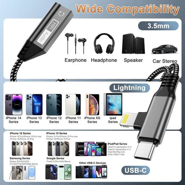 Alt view image 5 of 7 - Magnetic Lightning + USB C to 3.5mm Headphone and Charger Adapter,Apple MFi Certified 2-in-2 USB C/Lightning to Aux Audio Jack with PD Fast Charging Cable Compatible with iPhone 16/15 /14/Samsung