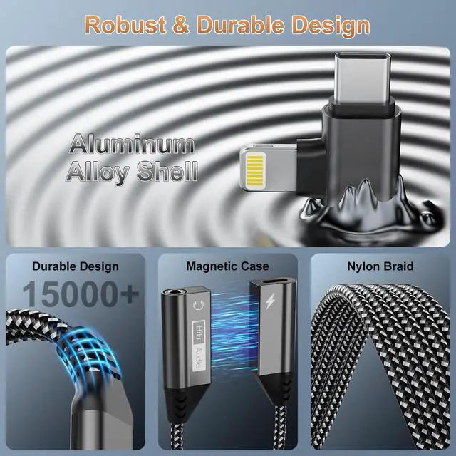 Alt view image 7 of 7 - Magnetic Lightning + USB C to 3.5mm Headphone and Charger Adapter,Apple MFi Certified 2-in-2 USB C/Lightning to Aux Audio Jack with PD Fast Charging Cable Compatible with iPhone 16/15 /14/Samsung