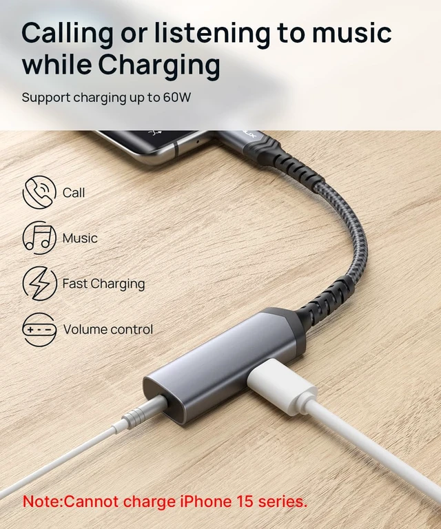 Alt view image 2 of 7 - USB C to 3.5mm Headphone Charger Adapter, 2-in-1 PD 60W AUX PC-Black USB C to 3.5mm Headphone and Charger Adapter,2in1 AUX Mic Jack,PD 60W Fast Charging,for iPhone18/17/16,iPhone Duo,Galaxy S26