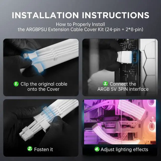 Alt view image 6 of 6 - ARGB PSU Cables Cover Kit, Aurora Addressable RGB Power Extension Cable Cover Kit for Motherboard and GPU PC Cables, 5V 3Pin ARGB Sync, Fit for 12+4-Pin/8pin/24pin Cables (White)