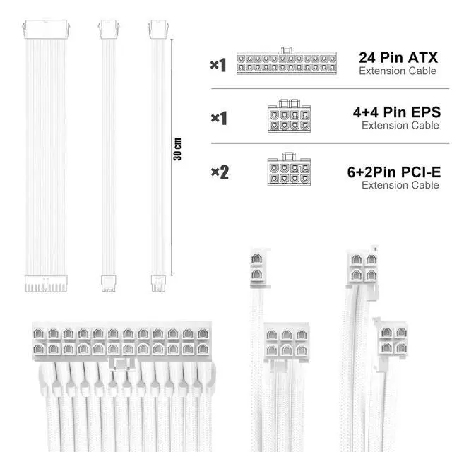 Alt view image 2 of 7 - PSU Cable Extension Kit 30CM Length with Cable Combs 1x24Pin/1x8Pin(4+4) EPS/2x8Pin(6P+2P) PCI-E/PC Sleeved Cable for ATX Power Supply(White)