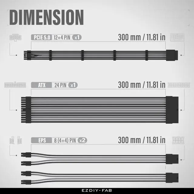 Alt view image 2 of 7 - 12VHPWR PSU Cable Extension Kit for RTX 50/40 Series,16AWG PCIE 5.0 Power Supply Cable Extension- 1x 24 Pin ATX /2X 8Pin (4+4) EPS / 1x12+4 Pin GPU,Sleeve Cable 300MM with Combs-Black Grey