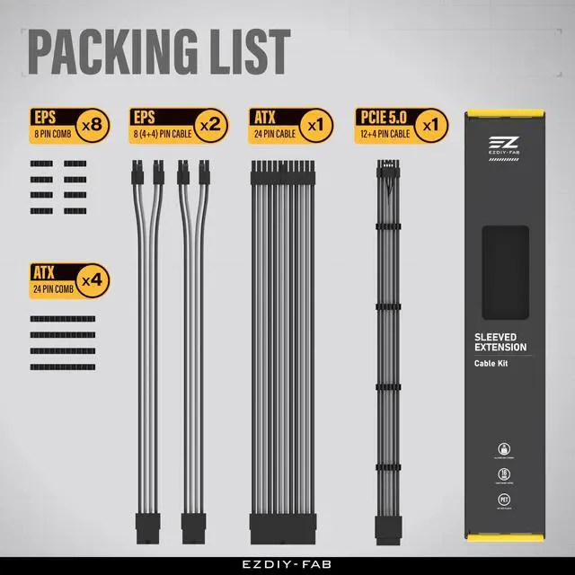 Alt view image 7 of 7 - 12VHPWR PSU Cable Extension Kit for RTX 50/40 Series,16AWG PCIE 5.0 Power Supply Cable Extension- 1x 24 Pin ATX /2X 8Pin (4+4) EPS / 1x12+4 Pin GPU,Sleeve Cable 300MM with Combs-Black Grey