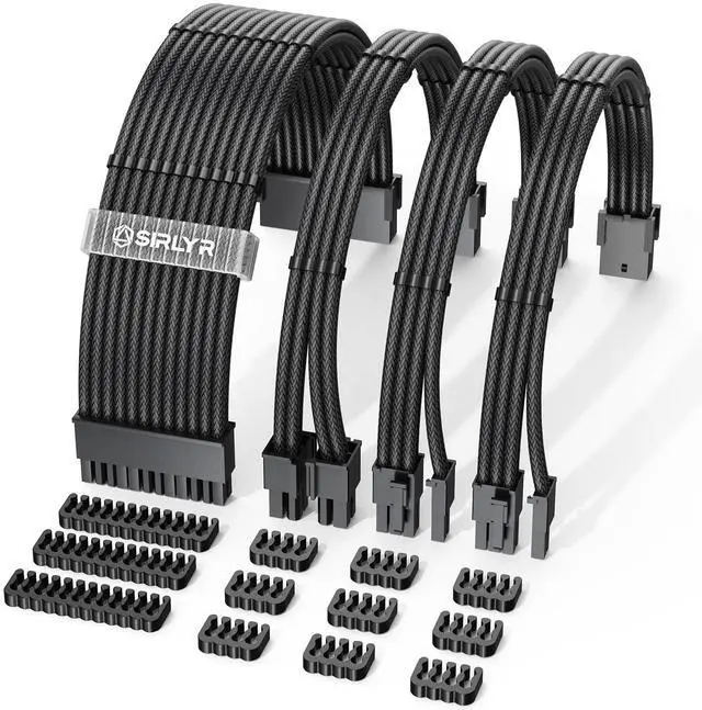 Main image of PSU Cable Extension Kit4Pack 16AWG Power Supply Cables (1x 24Pin ATX / 1x 8Pin EPS / 2X 8Pin PCIE), 13in Gold-Plated GPU Extensions,Pre-Bent Design & Dual Cable Combs (Black Nylon Braided)