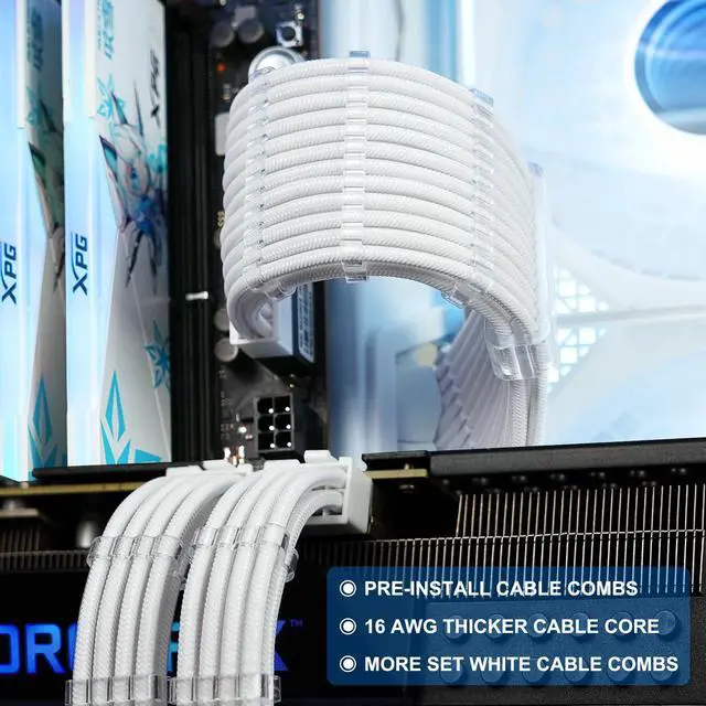 Alt view image 3 of 7 - PSU Cable Extension Kit,Bright White Sleeved PC Cables Extensions,24Pin ATX x1 8Pin EPS x2 8 Pin PCI-E x2,Gold-Plated Pins for GPU Power Supply with Pre-Install Cable Combs,5 Kits