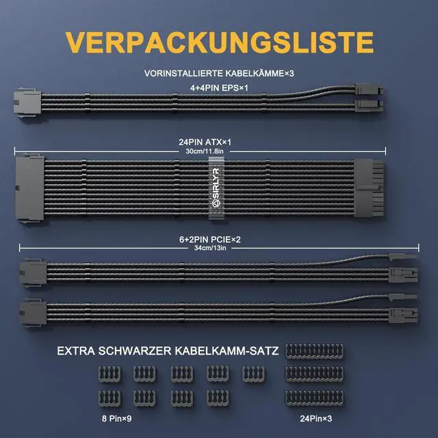 Alt view image 4 of 7 - PSU Cable Extension Kit4Pack 16AWG Power Supply Cables (1x 24Pin ATX / 1x 8Pin EPS / 2X 8Pin PCIE), 13in Gold-Plated GPU Extensions,Pre-Bent Design & Dual Cable Combs (Black Nylon Braided)