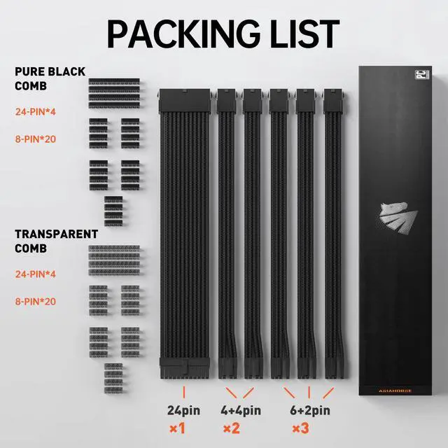 Alt view image 2 of 7 - 16AWG Pro Power Supply Sleeved Cable for Power Supply Extension Cable Wire Kit 1x24-PIN/ 2x8-PORT (4+4) M/B,3x8-PORT (6+2) PCI-E 30cm Length with Combs(Dual EPS Black)