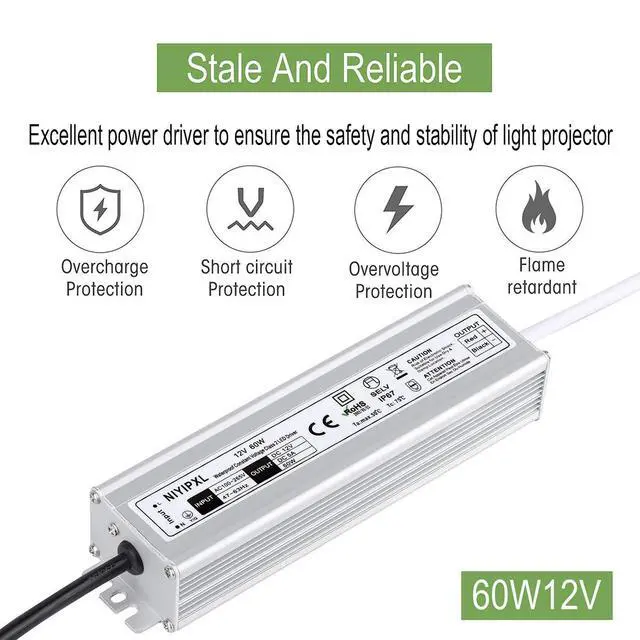 Alt view image 2 of 6 - LED Driver 60 Watts Waterproof IP67 Power Supply Transformer Adapter 100V-265V AC to 12V DC Low Voltage Output with 3-Prong Plug 3.3 Feet Cable for LED Light, Computer Project, Outdoor Light