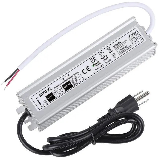 Main image of LED Driver 60 Watts Waterproof IP67 Power Supply Transformer Adapter 100V-265V AC to 12V DC Low Voltage Output with 3-Prong Plug 3.3 Feet Cable for LED Light, Computer Project, Outdoor Light