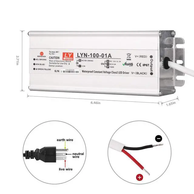 Alt view image 5 of 7 - LED Driver 100 Watts 110V AC to 12V DC Low Voltage Output, IP67 Waterproof Power Low Voltage Transformer Adapter with 3 pin Plug LED Cable for LED Light bar, Indoor and Outdoor Light String