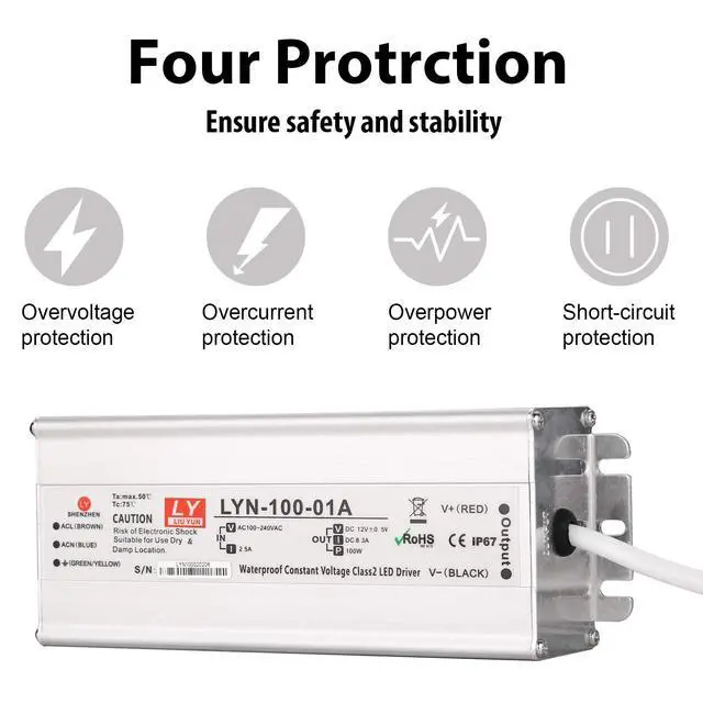 Alt view image 6 of 7 - LED Driver 100 Watts 110V AC to 12V DC Low Voltage Output, IP67 Waterproof Power Low Voltage Transformer Adapter with 3 pin Plug LED Cable for LED Light bar, Indoor and Outdoor Light String