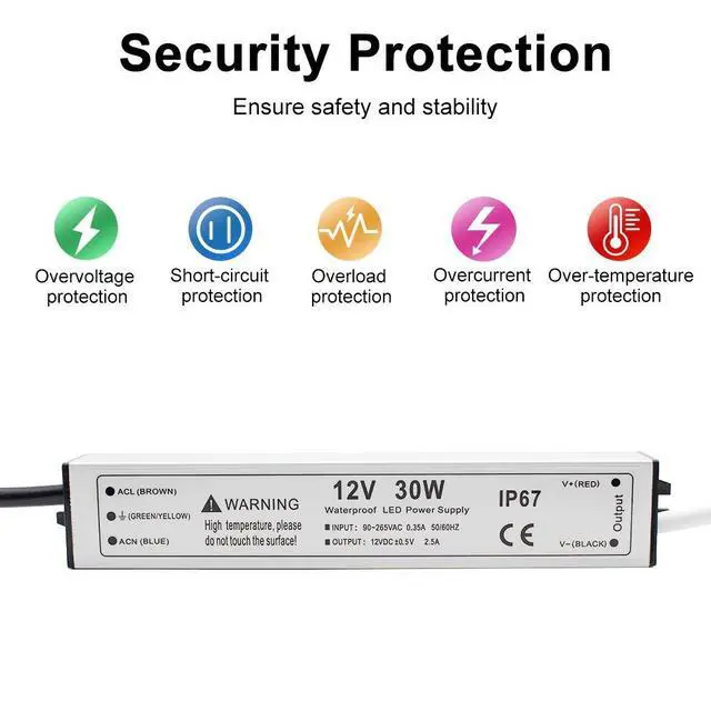 Alt view image 5 of 7 - 30W 12 Volt LED Power Supply, Waterproof IP67 LED Driver, 110V AC to 12V DC Converter, LED Transformer Low Voltage Output with 3-Prong Plug 3.3 Feet Cable for Light Strip, 2.5Amp