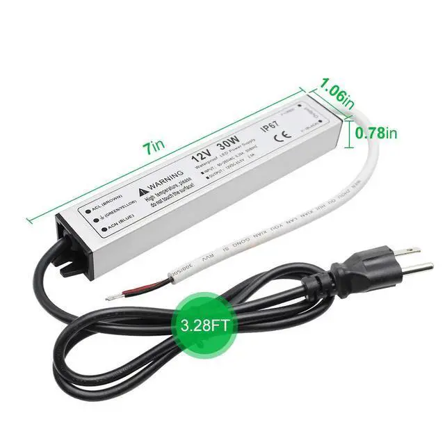 Alt view image 6 of 7 - 30W 12 Volt LED Power Supply, Waterproof IP67 LED Driver, 110V AC to 12V DC Converter, LED Transformer Low Voltage Output with 3-Prong Plug 3.3 Feet Cable for Light Strip, 2.5Amp