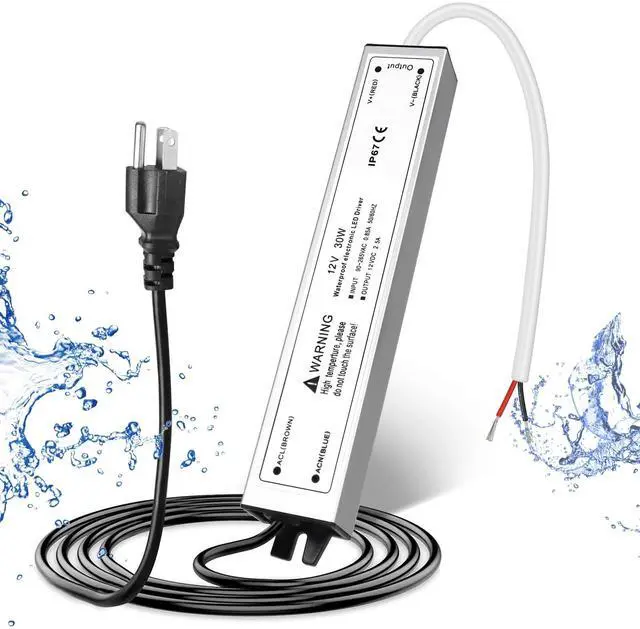 Main image of 12V 30W LED Power Supply, IP67 Waterproof 12V LED Driver Transformer Adapter 110V AC to 12V DC Low Voltage Output with 3-Prong Plug 3.3 Feet Cable for LED Strip Lighting, Outdoor Use