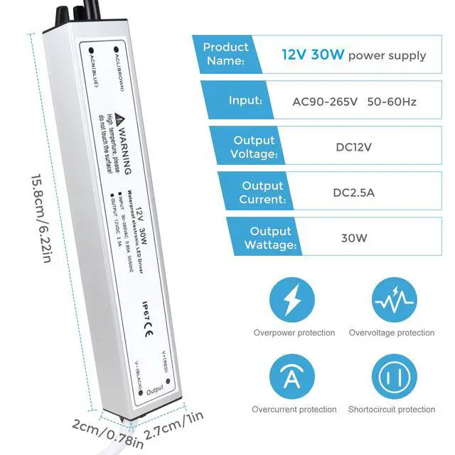 Alt view image 2 of 7 - 12V 30W LED Power Supply, IP67 Waterproof 12V LED Driver Transformer Adapter 110V AC to 12V DC Low Voltage Output with 3-Prong Plug 3.3 Feet Cable for LED Strip Lighting, Outdoor Use