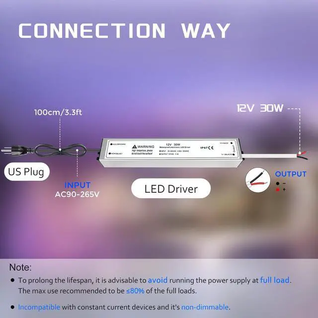 Alt view image 3 of 7 - 12V 30W LED Power Supply, IP67 Waterproof 12V LED Driver Transformer Adapter 110V AC to 12V DC Low Voltage Output with 3-Prong Plug 3.3 Feet Cable for LED Strip Lighting, Outdoor Use