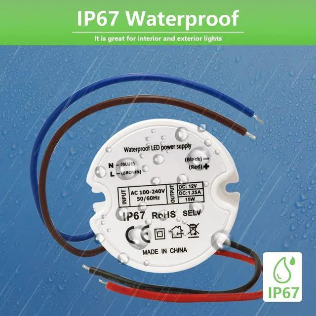 Alt view image 4 of 7 - 12V LED Power Supply Driver, IP67 Waterproof Constant Voltage Transformer, 120VAC to 12V DC Converter for LED Strip Lights, Cabinet Lights, G4, MR11, MR16 Bulbs 15W 2-Pack