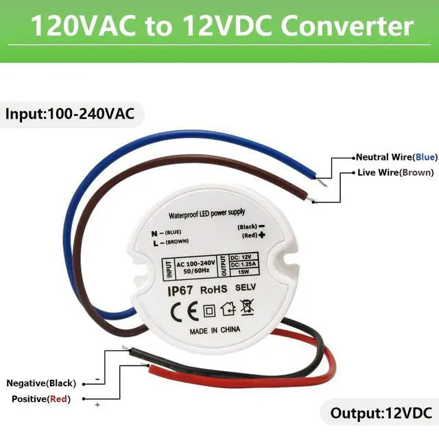 Alt view image 5 of 7 - 12V LED Power Supply Driver, IP67 Waterproof Constant Voltage Transformer, 120VAC to 12V DC Converter for LED Strip Lights, Cabinet Lights, G4, MR11, MR16 Bulbs 15W 2-Pack