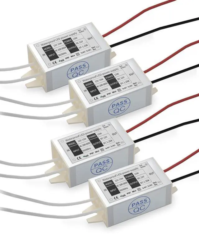 Main image of 12V Power Supply LED Driver, 15W 12 Volt Power Supply Transformer Waterproof IP67 Small 120V AC to 12V DC Converter for LED Strips, Security Cameras, Junction Box, G4 MR11 MR16 Bulbs (4-Pack)