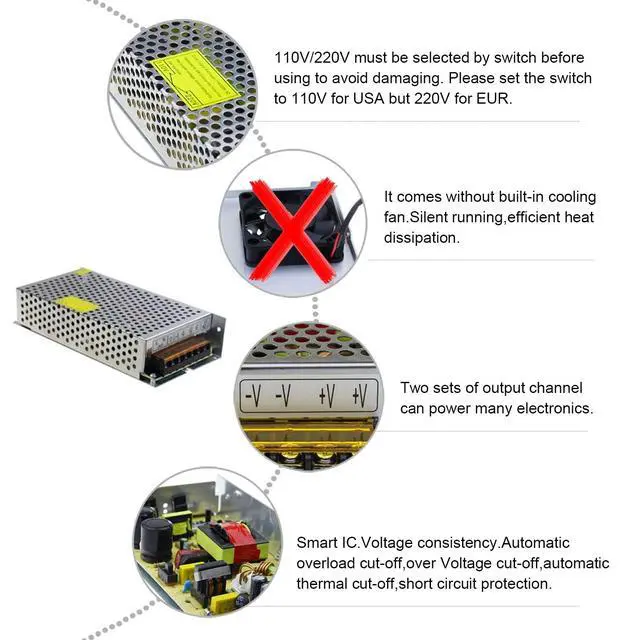 Alt view image 4 of 7 - DC 12V 10A 120W Power Supply Adapter Transformer Switch AC 110V / 220V to DC 12V 10amp Switching Converter LED Driver for LED Strip Light CCTV Camera Security System