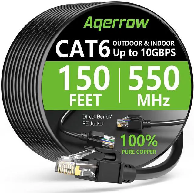 Main image of Outdoor Cat6 Ethernet Cable 150 FT, 24AWG 10Gbps Copper Long Cat6 Cable, 550MHz Direct Burial Waterproof LLDPE UV Jacket, LAN Patch Cord with 60 Ties Support POE Cat5e for PC Router - Black