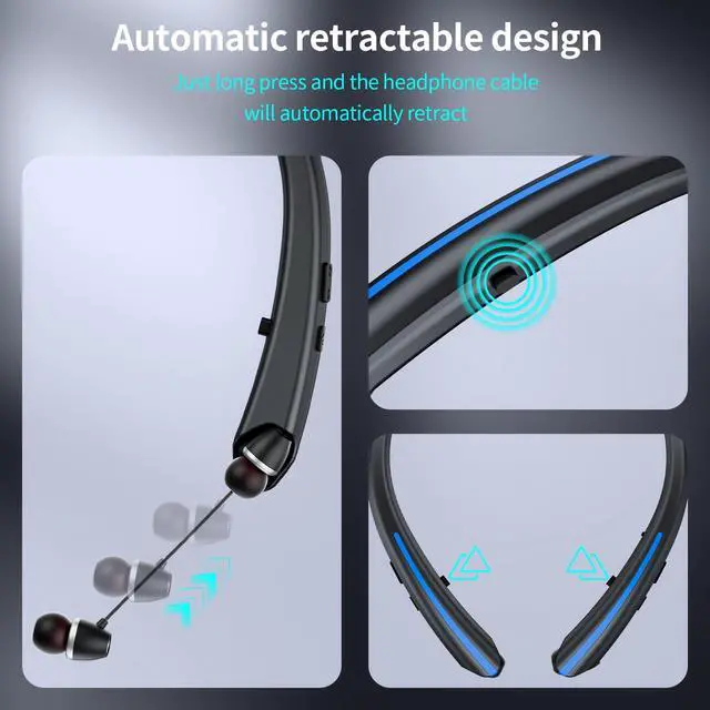Alt view image 2 of 7 - Neckband Retractable Bluetooth Headphones, Wireless Headset with 22H Playtime, Sweat-Resistant Sports, Dual Device Connect, Noise Cancelling Earphones with Mic (Blue)