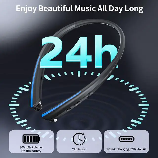Alt view image 3 of 7 - Neckband Retractable Bluetooth Headphones, Wireless Headset with 22H Playtime, Sweat-Resistant Sports, Dual Device Connect, Noise Cancelling Earphones with Mic (Blue)