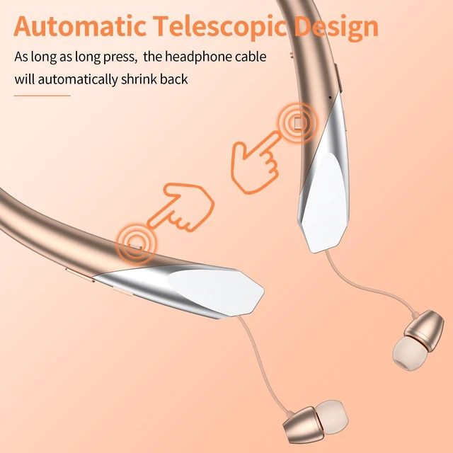 Alt view image 3 of 7 - Bluetooth Retractable Headphones Neckband Wireless Headset with Sweatproof Stereo Earbuds for Running/Sports/Driving/Workouts (Rose Gold)