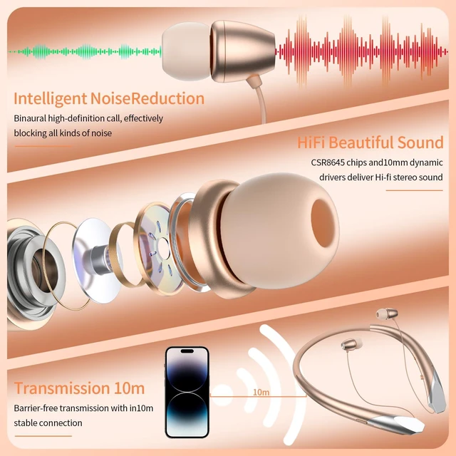 Alt view image 4 of 7 - Bluetooth Retractable Headphones Neckband Wireless Headset with Sweatproof Stereo Earbuds for Running/Sports/Driving/Workouts (Rose Gold)