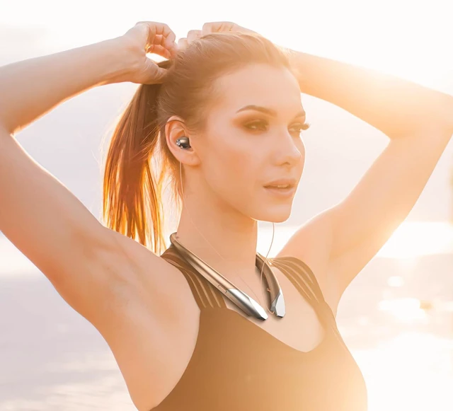 Alt view image 7 of 7 - Bluetooth Retractable Headphones Neckband Wireless Headset with Sweatproof Stereo Earbuds for Running/Sports/Driving/Workouts (Rose Gold)