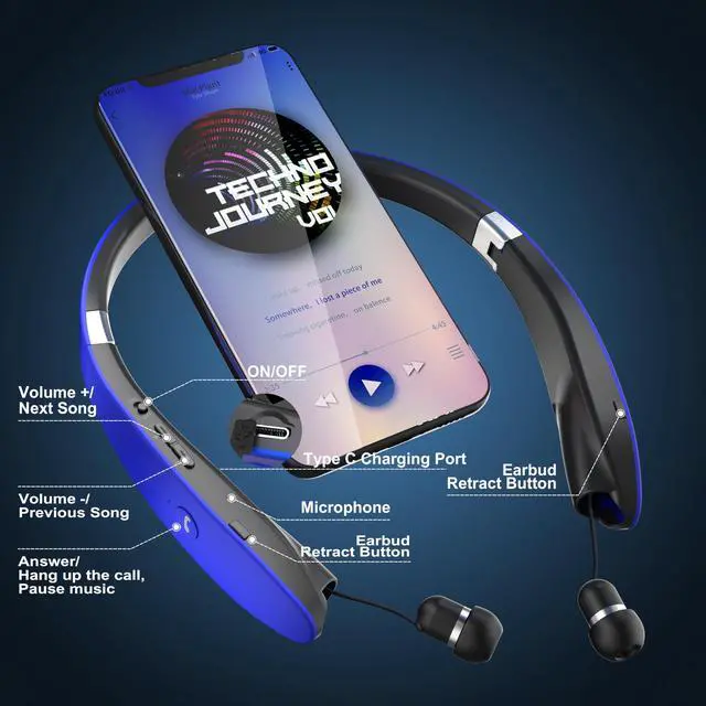 Alt view image 2 of 7 - Foldable Bluetooth Headphones Wireless Neckband Headset with Retractable Earbuds, Sports Sweatproof Noise Cancelling Stereo Earphones with Mic (Blue)