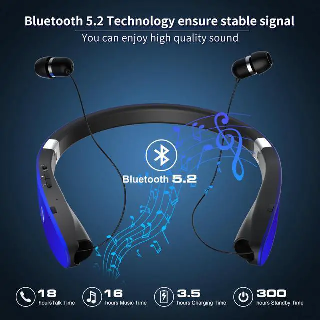 Alt view image 3 of 7 - Foldable Bluetooth Headphones Wireless Neckband Headset with Retractable Earbuds, Sports Sweatproof Noise Cancelling Stereo Earphones with Mic (Blue)