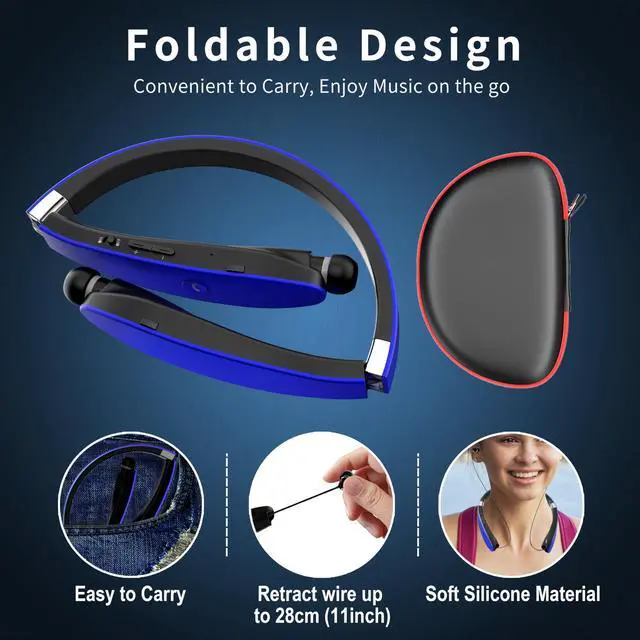 Alt view image 4 of 7 - Foldable Bluetooth Headphones Wireless Neckband Headset with Retractable Earbuds, Sports Sweatproof Noise Cancelling Stereo Earphones with Mic (Blue)