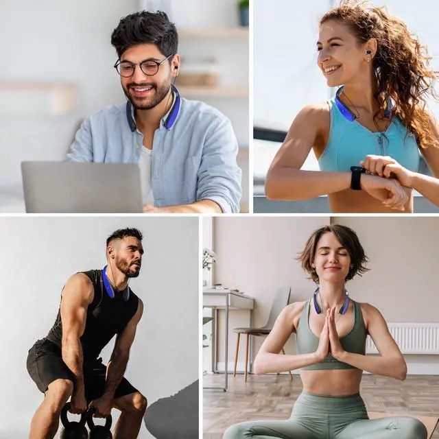 Alt view image 6 of 7 - Foldable Bluetooth Headphones Wireless Neckband Headset with Retractable Earbuds, Sports Sweatproof Noise Cancelling Stereo Earphones with Mic (Blue)