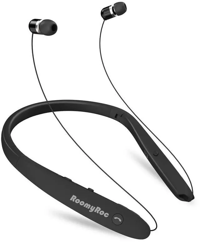 Main image of Bluetooth Headphones, Wireless Neckband Headset Evoking Siri & Bixby with Retractable Earbuds, Sports Sweat-Proof Noise Cancelling Foldable Stereo Earphones with Mic (Black)