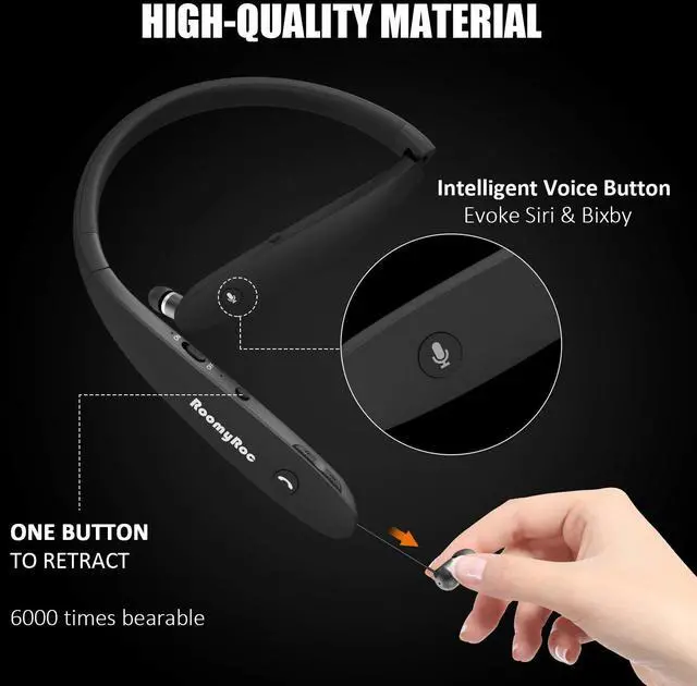 Alt view image 2 of 7 - Bluetooth Headphones, Wireless Neckband Headset Evoking Siri & Bixby with Retractable Earbuds, Sports Sweat-Proof Noise Cancelling Foldable Stereo Earphones with Mic (Black)