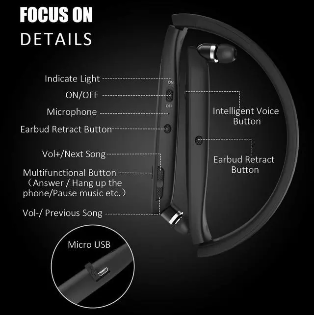Alt view image 3 of 7 - Bluetooth Headphones, Wireless Neckband Headset Evoking Siri & Bixby with Retractable Earbuds, Sports Sweat-Proof Noise Cancelling Foldable Stereo Earphones with Mic (Black)