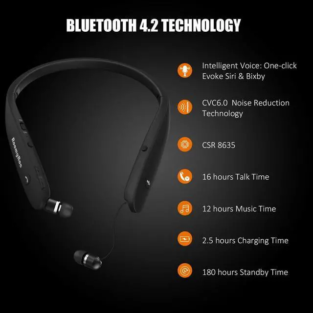 Alt view image 4 of 7 - Bluetooth Headphones, Wireless Neckband Headset Evoking Siri & Bixby with Retractable Earbuds, Sports Sweat-Proof Noise Cancelling Foldable Stereo Earphones with Mic (Black)