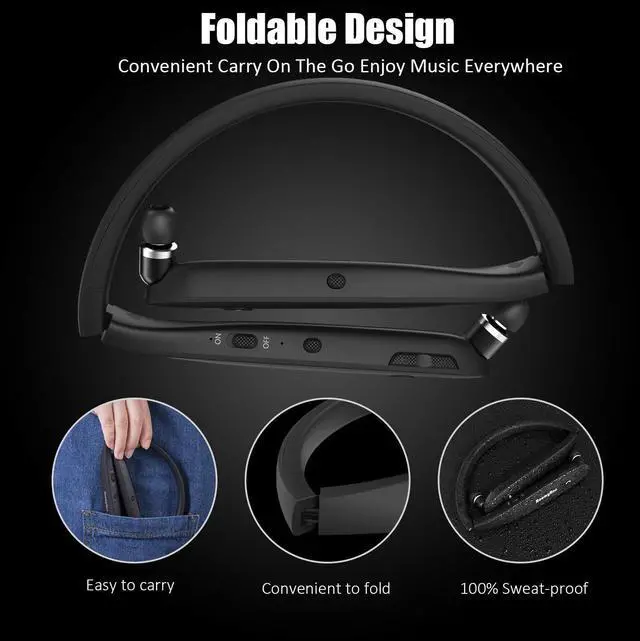 Alt view image 5 of 7 - Bluetooth Headphones, Wireless Neckband Headset Evoking Siri & Bixby with Retractable Earbuds, Sports Sweat-Proof Noise Cancelling Foldable Stereo Earphones with Mic (Black)