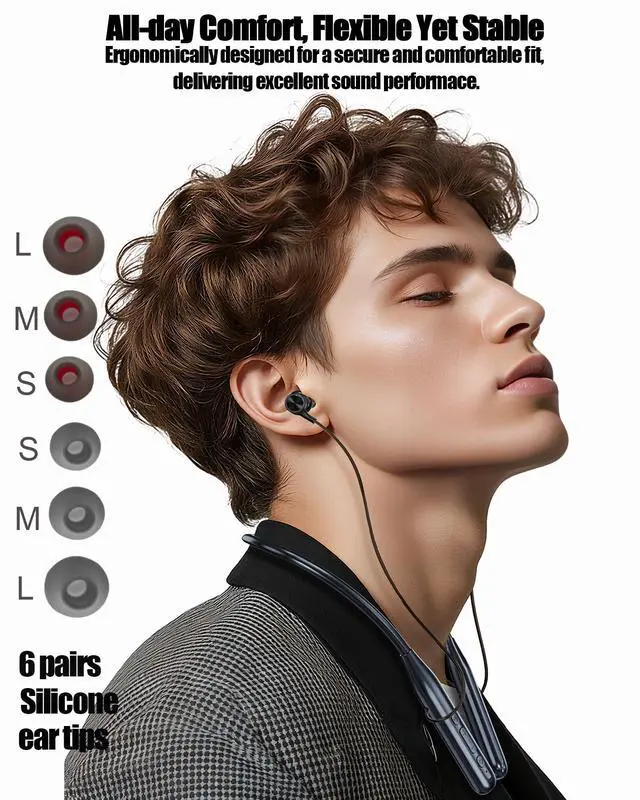 Alt view image 4 of 7 - Bluetooth Neckband Earbuds, in-Ear Wireless Around Neck Headphones with Microphone, 6EQ Modes, 35 Hours Long Playtime, Magnetic Design for Music, Sports-Black