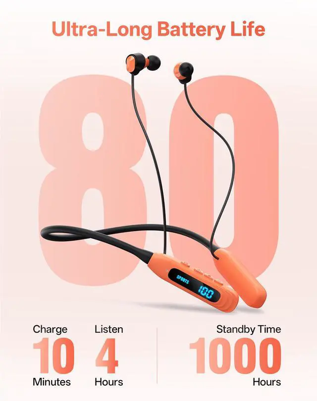 Alt view image 2 of 7 - Neckband Bluetooth Headphones, Wireless Sport Earphones with 80-Hour Battery and LED Display, Bluetooth 5.4 Magnetic Earbuds, Comfort Fit for Running, Gym, Travel (Orange)