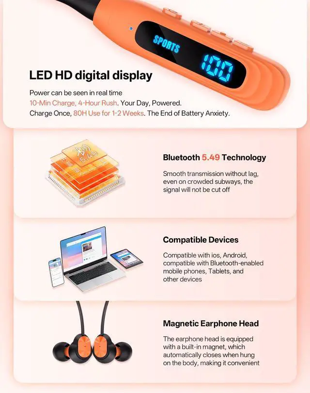 Alt view image 5 of 7 - Neckband Bluetooth Headphones, Wireless Sport Earphones with 80-Hour Battery and LED Display, Bluetooth 5.4 Magnetic Earbuds, Comfort Fit for Running, Gym, Travel (Orange)
