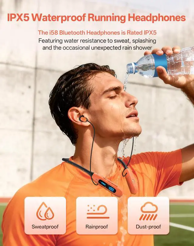 Alt view image 6 of 7 - Neckband Bluetooth Headphones, Wireless Sport Earphones with 80-Hour Battery and LED Display, Bluetooth 5.4 Magnetic Earbuds, Comfort Fit for Running, Gym, Travel (Orange)
