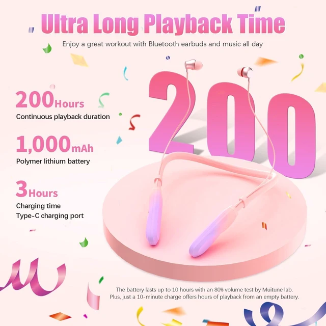 Alt view image 2 of 7 - Neckband Bluetooth Headphones, 200H Extra Long Playtime Wireless Stereo Neckband Earbuds with Microphone, Waterproof Balanced Armature Drivers in Ear Headset for Sports/Workout (Pink-Purple)