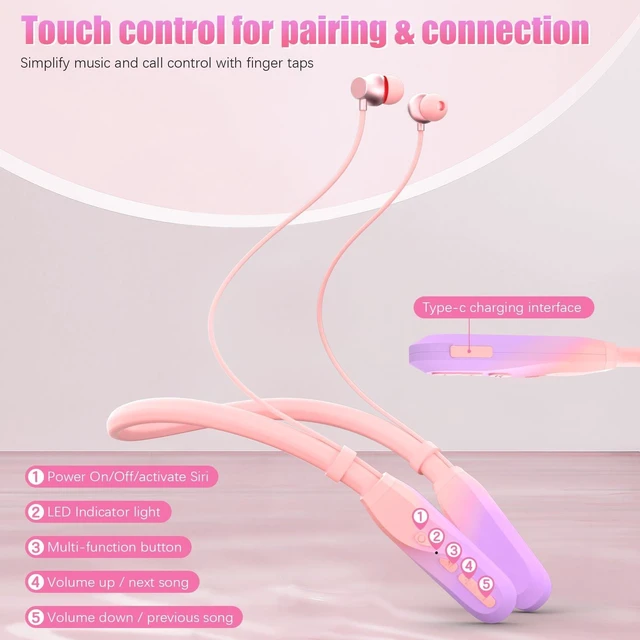 Alt view image 4 of 7 - Neckband Bluetooth Headphones, 200H Extra Long Playtime Wireless Stereo Neckband Earbuds with Microphone, Waterproof Balanced Armature Drivers in Ear Headset for Sports/Workout (Pink-Purple)