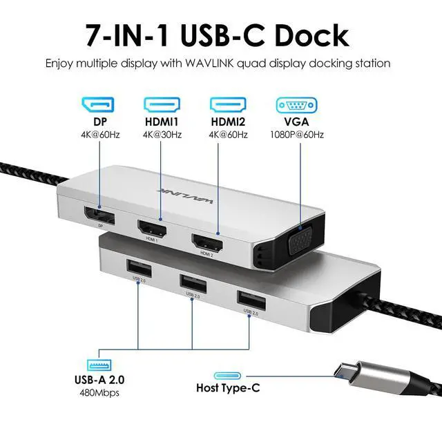 Alt view image 2 of 7 - USB C Docking Station, Docking Station Quad Monitors with Dual HDMI,DP,VGA,3* USB-A2.0 for Wireless Device,Compatible with Lenovo, HP, Dell, Windows System Computer