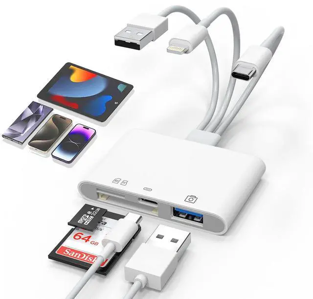 Main image of Universal SD Card Reader for iPhone/Mac - Upgraded TypeC(Data)+Lightning+USB Three Port SD/TF Memory Card Reader Digital Camera Transfer to Phone Adapter, Multi Port 4 in 1 Universal SD Card Reader